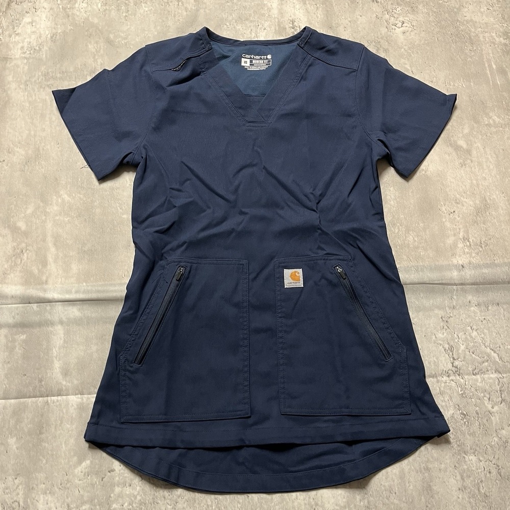 Carhartt Scrub Top Women's Xs Modern Fit Navy Blue Shirt Top Pockets